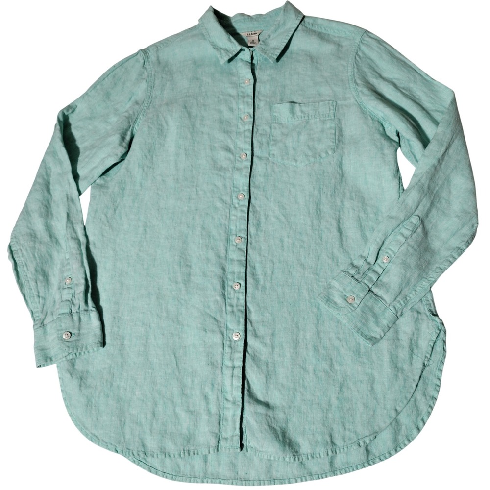 LL Bean Womens Medium Seafoam Green 100% Linen Long Sleeve Button Down Shirt